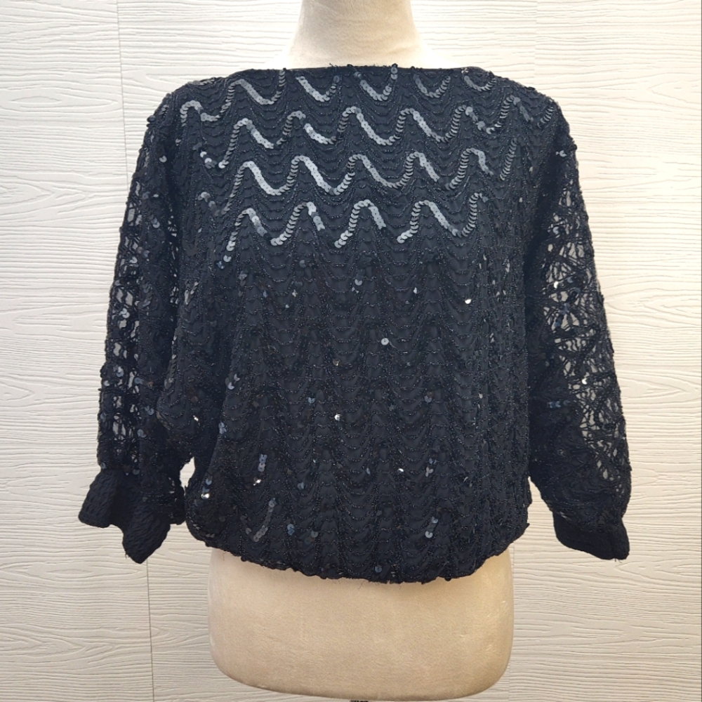 Siasia New York Vintage Black Sequined Bubble Top Batwing Sleeves Blouse Sz S